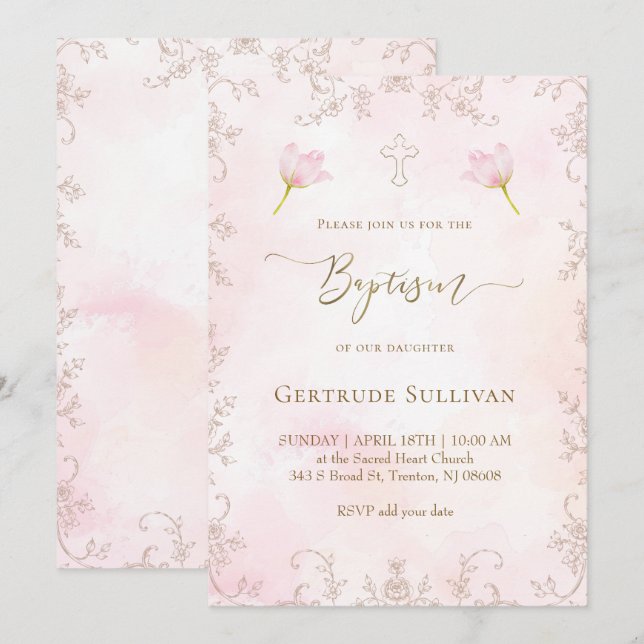 pink watercolor Baptism Invitation (Front/Back)