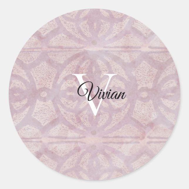 Pink Watercolor Batik Monogram Name Classic Round Sticker (Front)