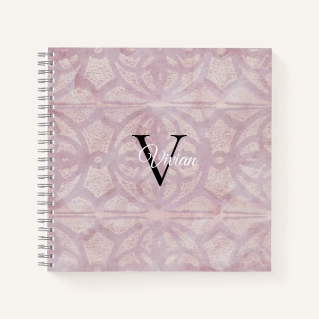 Pink Watercolor Batik Monogram Name Notebook (Front)