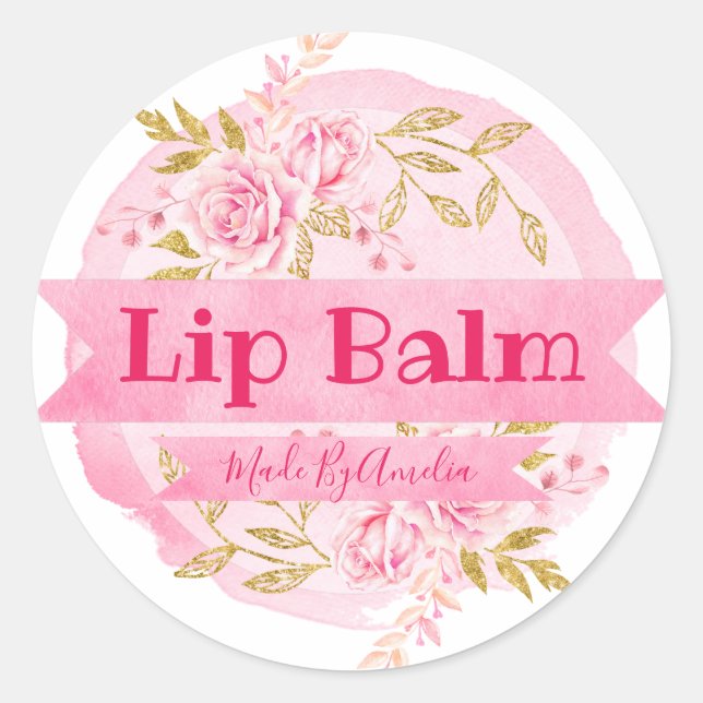 Pink Watercolor Beautiful Rose Lip Balm Labels (Front)