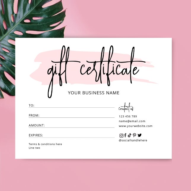 Pink Watercolor Beauty Salon Logo Gift Certificate Card (Feminine pink watercolor business gift voucher, with fully editable text and colors)