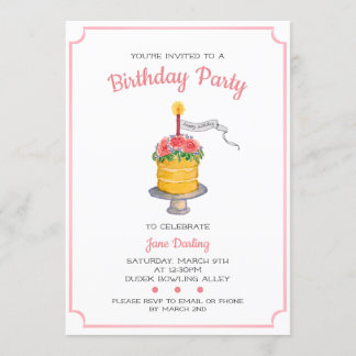 Pink Watercolor Birthday Cake Invitation