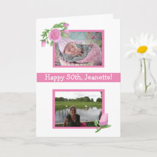 Pink Watercolor Birthday Now and Then Photos Card