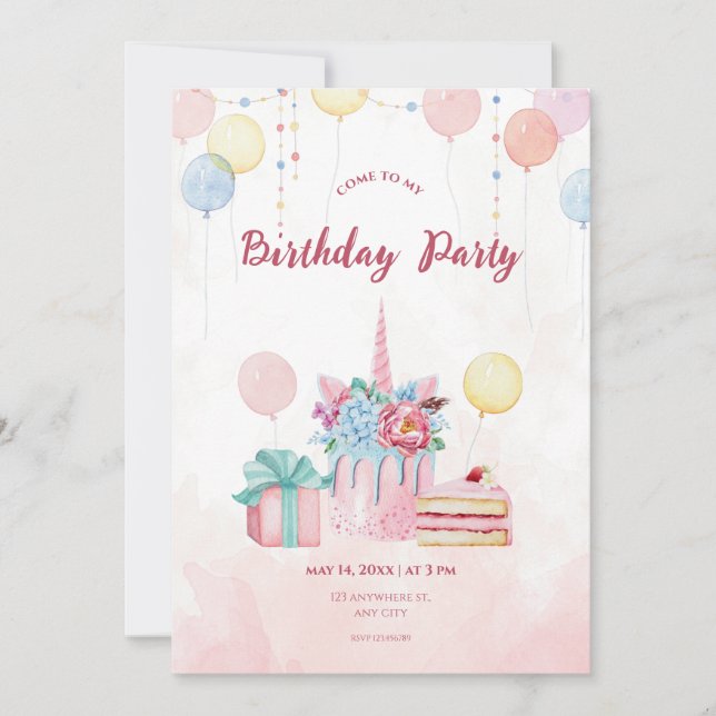 Pink Watercolor Birthday party invitation (Front)