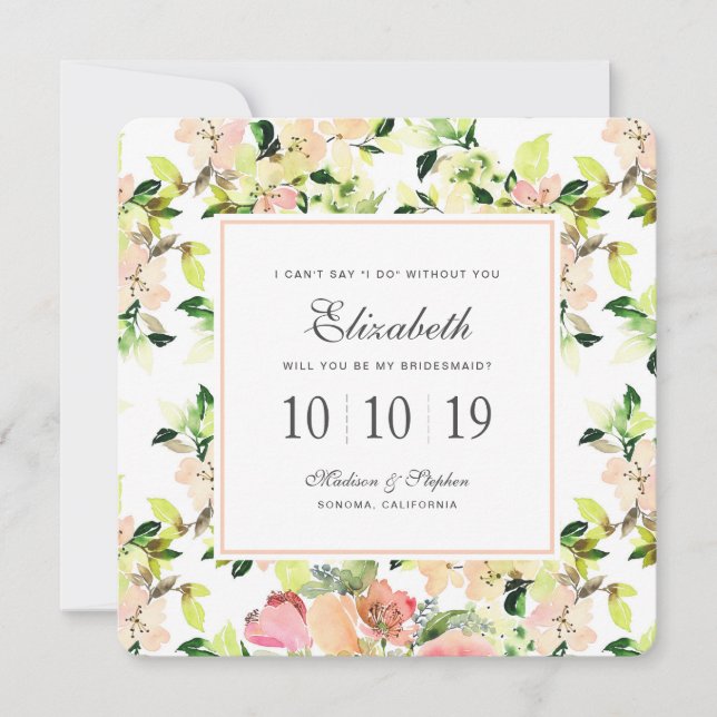 Pink Watercolor Blossom Pattern - Bridesmaid Invitation (Front)