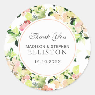 Pink Watercolor Blossom Pattern   Thank You Classic Round Sticker
