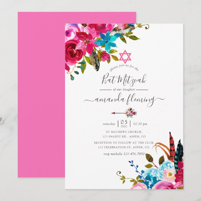 Pink Watercolor Boho Chic Floral Bat Mitzvah Invitation (Front/Back)