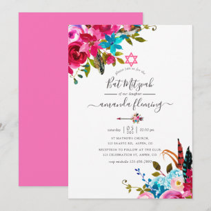 Pink Watercolor Boho Chic Floral Bat Mitzvah Invitation