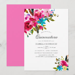 Pink Watercolor Boho Chic Floral Quinceañera Invitation