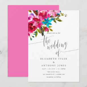 Pink Watercolor Boho Chic Floral Wedding Invite