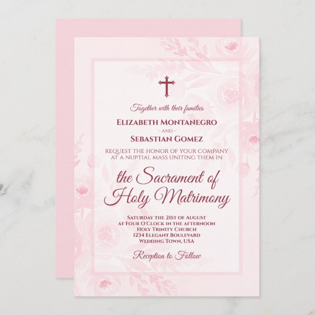 Pink Watercolor Boho Chic Peonies Catholic Wedding Invitation (Front/Back)