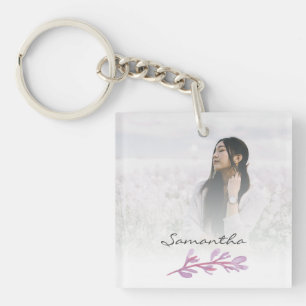 Pink Watercolor Botancial Photo Keepsake Key Ring