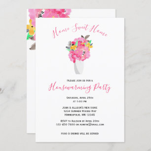 Pink Watercolor Bouquet   Floral Housewarming Invitation