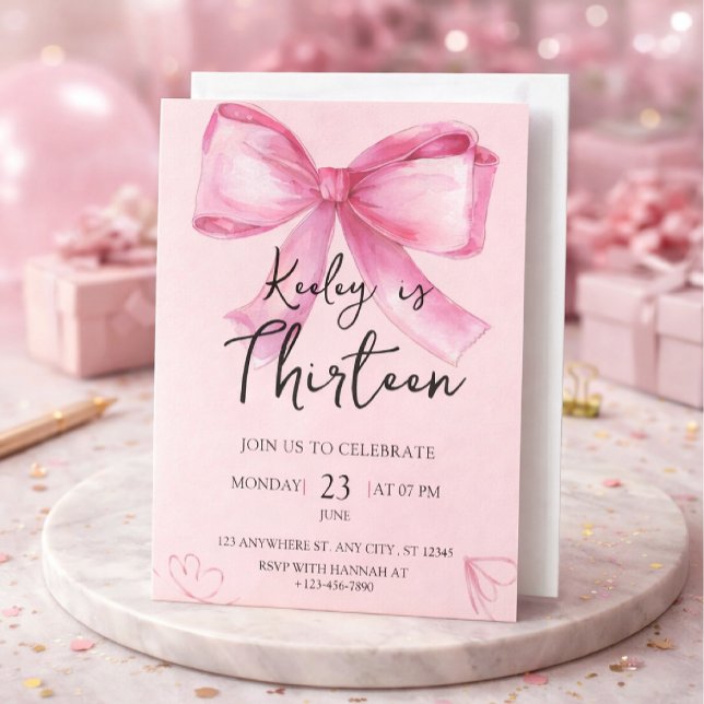 Pink Watercolor Bow Birthday Invitation (Creator Uploaded)