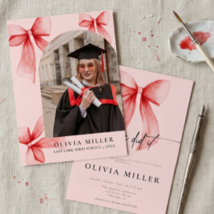 Pink Watercolor Bow CoquettePhoto Graduation Party Invitation