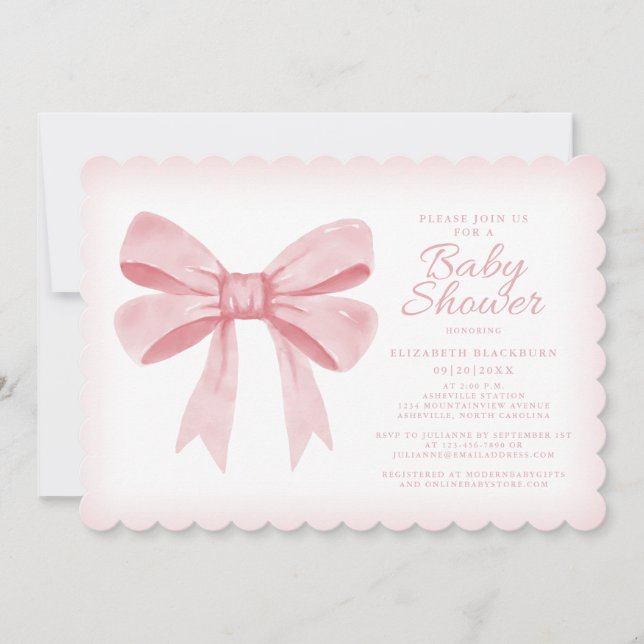 Pink Watercolor Bow Girl Baby Elegant Shower Blush Invitation (Front)