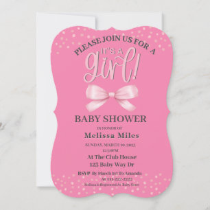 Pink Watercolor Bow Girl Baby shower Invitation