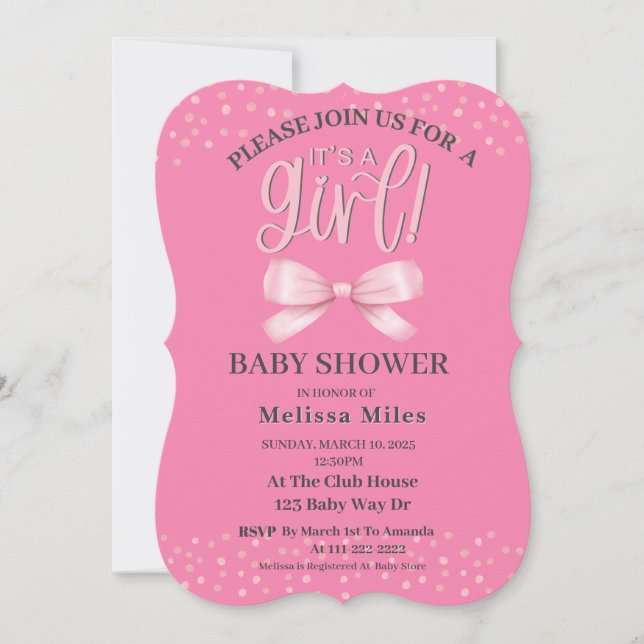 Pink Watercolor  Bow Girl Baby shower  Invitation (Front)