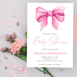 Pink Watercolor Bow Girl Baby Shower Invitation