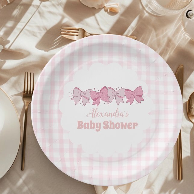 Pink Watercolor Bow Girl Baby Shower  Paper Plate (Creator Uploaded)