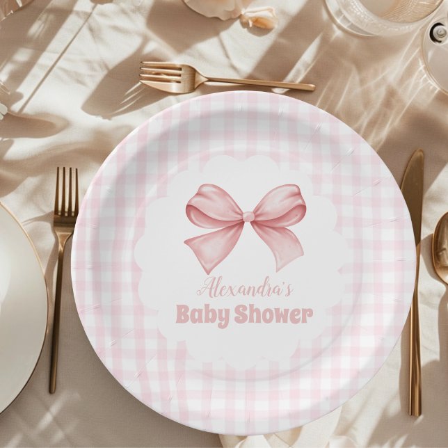 Pink Watercolor Bow Girl Baby Shower  Paper Plate (Creator Uploaded)
