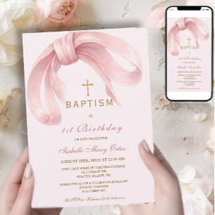 Pink Watercolor Bow Gold Baptism 1st Birthday Invitation