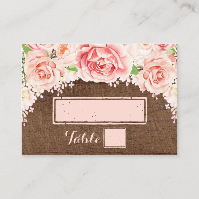 Pink Watercolor Brown Wood Place Setting Cards (Front)