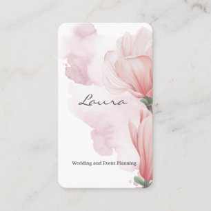 Pink watercolor brushstroke and flowers business c business card