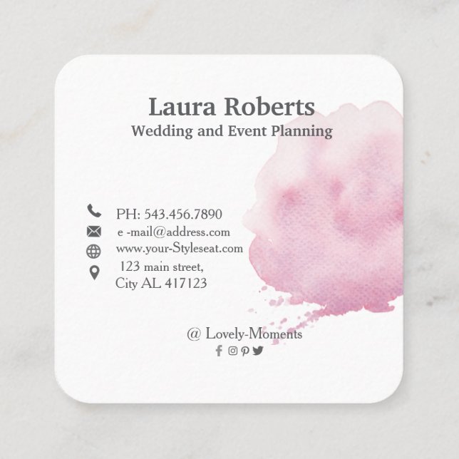 Pink watercolor brushstroke business card (Back)