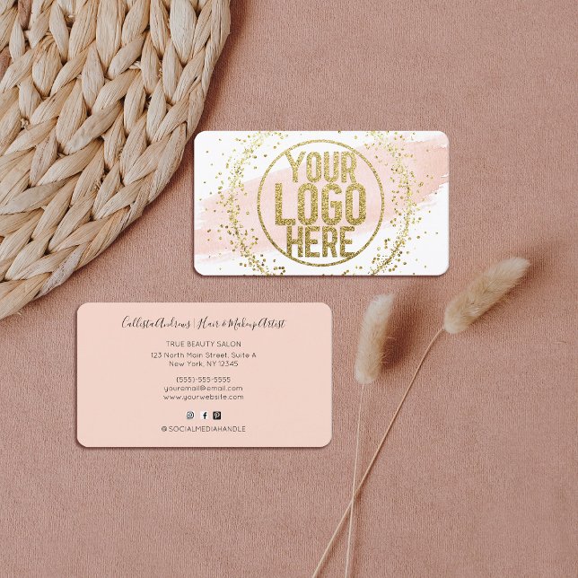 Pink Watercolor Brushstroke Glitter Confetti Logo Business Card (Creator Uploaded)