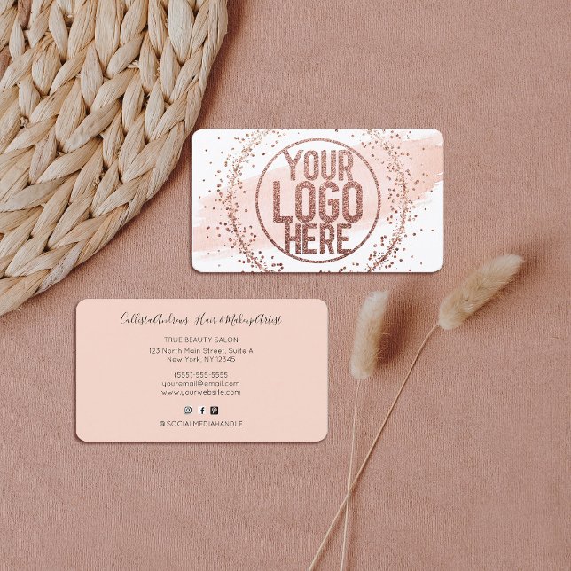 Pink Watercolor Brushstroke Glitter Confetti Logo Business Card (Creator Uploaded)