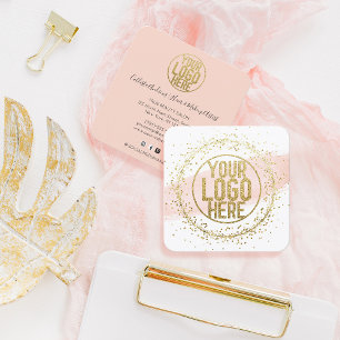 Pink Watercolor Brushstroke Glitter Confetti Logo Square Business Card