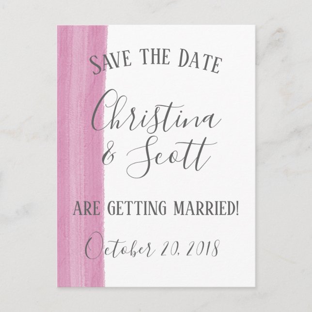 Pink Watercolor Brushstroke Save the Date Announcement Postcard (Front)