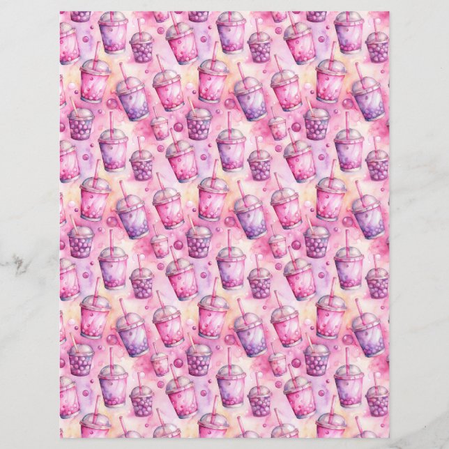 Pink watercolor bubble tea pattern scrapbook paper (Front)