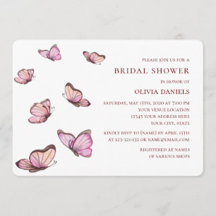 Pink watercolor butterflies. Elegant Bridal Shower Invitation
