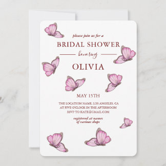 Pink watercolor butterflies. Elegant Bridal Shower Invitation