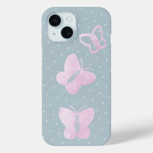 Pink Watercolor Butterflies on Lt Blue Polka Dot iPhone 15 Case