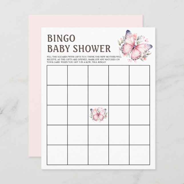 Pink Watercolor Butterfly Baby Shower Bingo Game (Front/Back)
