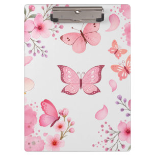 Pink Watercolor Butterfly Floral Garden Clipboard