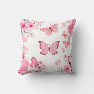 Pink Watercolor Butterfly Floral Garden Cushion