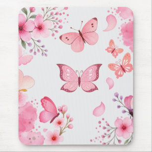 Pink Watercolor Butterfly Floral Garden Mouse Pad