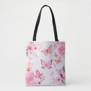 Pink Watercolor Butterfly Floral Garden Tote Bag