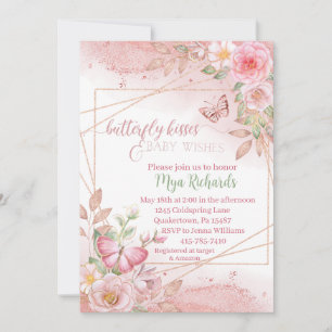 Pink Watercolor Butterfly kisses Baby Shower Invitation