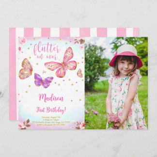 Pink Watercolor Butterfly Photo Invitation