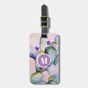 Pink Watercolor Cactus & Flowers Monogram Luggage Tag