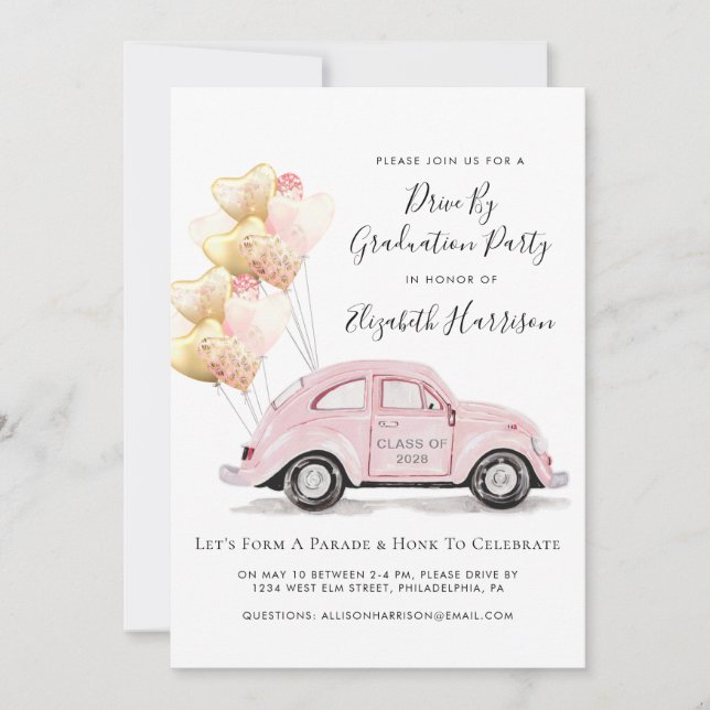 Pink Watercolor Car Drive By Graduation Party Invitation (Front)
