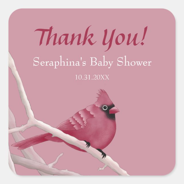 Pink Watercolor Cardinal Baby Shower Thank You Square Sticker (Front)