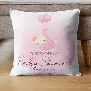 Pink watercolor cat keepsake for baby girl Shower Cushion