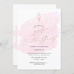 Pink Watercolor Champagne Glass+Bubbles Invitation