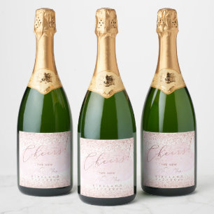 Pink Watercolor Cheers Faux Rose Gold  Glitter Sparkling Wine Label